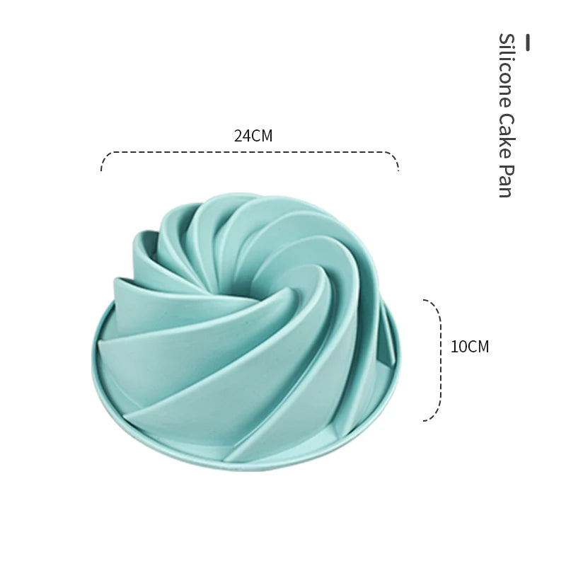 Blue spiral silicone cake pan, 24cm wide and 10cm deep, ideal for baking.