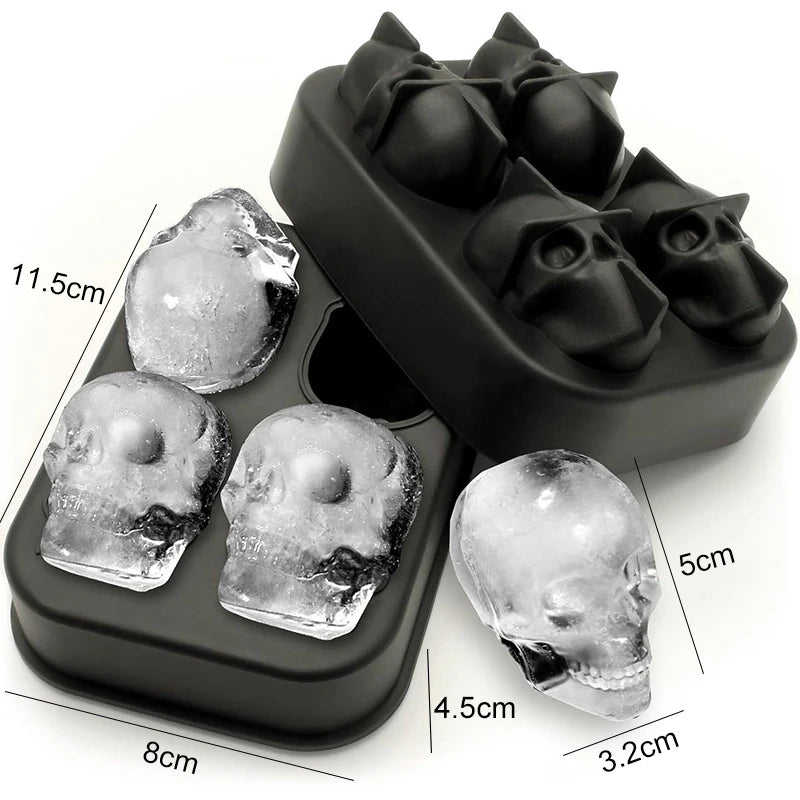 Black silicone 3D skull ice mould tray featuring four skull-shaped cavities, perfect for making detailed, non-stick ice cubes. Ideal for chilling cocktails, whiskey, and Halloween-themed drinks.
