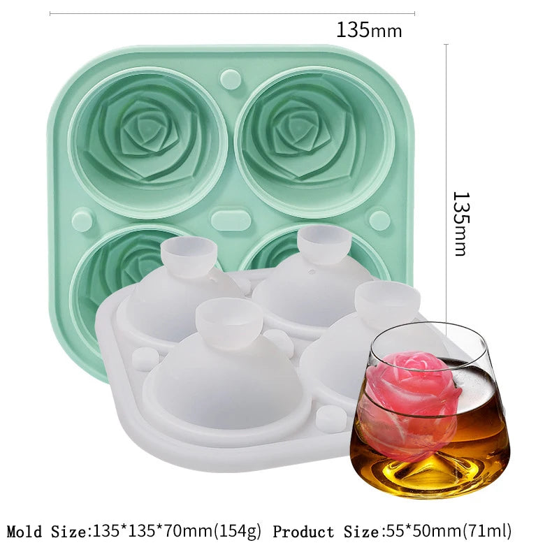 Green silicone mold with rose-shaped cavities for creating large 5.5cm 3D rose ice cubes, measuring 13.3x13.3x6.5cm.