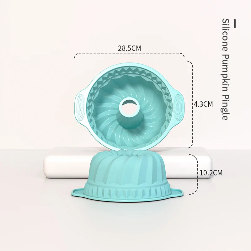 Aqua blue silicone pumpkin bundt cake pan with ridged design, 28.5 cm diameter, ideal for baking non-stick pumpkin-shaped cakes.