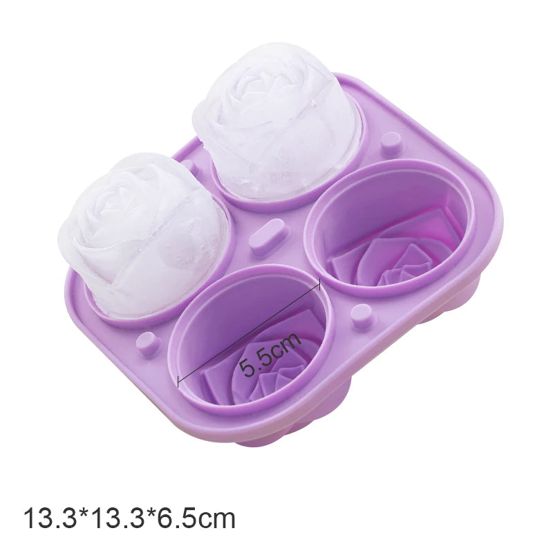 Purple silicone mold with rose-shaped cavities for creating large 5.5cm 3D rose ice cubes, measuring 13.3x13.3x6.5cm.