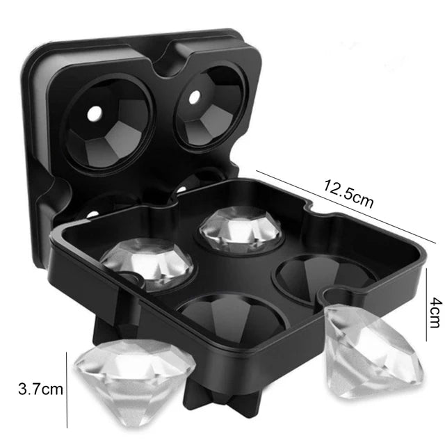 3D silicone diamond-shaped ice mold tray with four slots, measuring 12.5 cm by 4 cm. Ideal for making large diamond-shaped ice cubes for cocktails, drinks, or creative desserts.